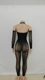 Autumn Women's Solid Color Halter Neck Sleeve Hollow See-Through Low Back Sexy Tight Fitting Jumpsuit