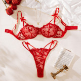 Lacemesh Embroidery Heart Print Bow Lace-Up Patchwork Hollow Low Back Sexy Lingerie Set