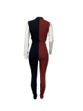 Women's Fashion Casual Contrast Color Patchwork Slim Fit Long Sleeve Pants Set Women's Suit