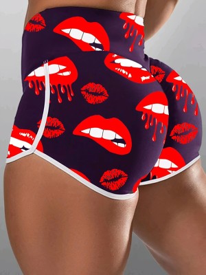 Plus Size Casual Red Lip Print Shorts