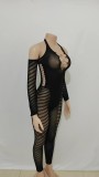 Autumn Women's Solid Color Halter Neck Sleeve Hollow See-Through Low Back Sexy Tight Fitting Jumpsuit