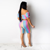 Women's Short-Sleeved Sexy Off-The-Shoulder Gradient Rainbow Two Piece Shorts Set
