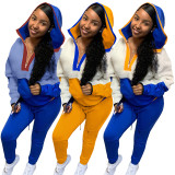 Women Autumn and Winter Casual Color Block Lamb Wool Hoodies Sports Two-piece Set