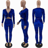 Women Solid Zipper Pleated Velvet Top and Stacked Pant Two-piece Set