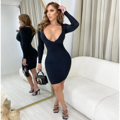 Women Sexy V Neck Long Sleeve Solid Dress