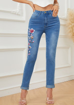 Women Embroidered High Waist Stretch Denim Pants