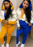 Women Autumn and Winter Casual Color Block Lamb Wool Hoodies Sports Two-piece Set