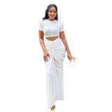 Sexy Women's Short Sleeve Crop Top Pleated Tight Fitting Pleated Long Skirt Two Piece Set