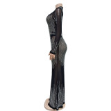 Fashion Women's Solid Color Mesh Beaded Long Sleeve Maxi Dress