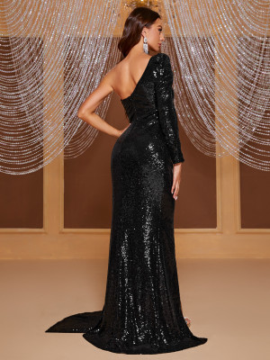 One Sleeve Sequined Hollow Slit Evening Dress Formal Party Gown