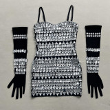 Women's Black Spiked Sleeves Straps Sleeveless Rhinestone Dress Women's Clothing