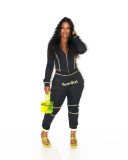 Women Casual Sports Zipper Hood Top and Pant Two-Piece Set