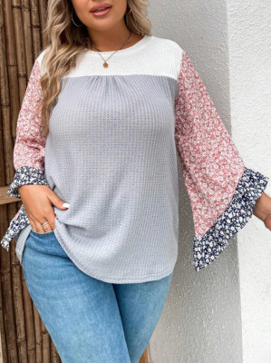 Loose Casual Plus Size Women's Printed Color Block Knitting Top