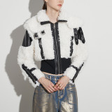 American Style Autumn Turndown Collar Multi-Wear Design Lamb Wool Pu Leather Patchwork Women's Jacket