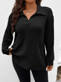 Autumn And Winter Solid Color Plus Size Women's Top V-Neck Turndown Collar Long-Sleeved Ribbed T-Shirt