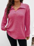 Autumn And Winter Solid Color Plus Size Women's Top V-Neck Turndown Collar Long-Sleeved Ribbed T-Shirt