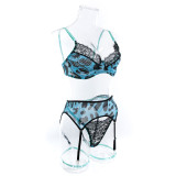 Women lace Patchwork printed sexy push-up contrasting color Three-Piece sexy lingerie