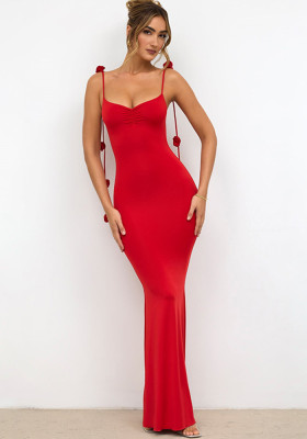 Women Rosette Christmas Premium Red Backless Dress