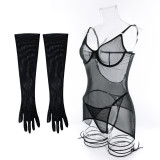 Women mesh sexy Backless See-Through straps and gloves Three-Piece sexy lingerie