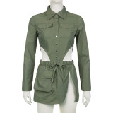 Women glossy collar single-breasted long-sleeved Bodysuit + irregular pocket Skirt two-piece set