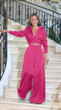 Women pleated long-sleeved shirt and high-waisted loose wide-leg pants Casual two-piece set