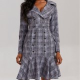 Plus Size Women Turndown Collar Double Breasted Plaid Print Career Dress