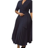 Women Turndown Collar Pleated Solid Dress