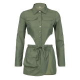 Women glossy collar single-breasted long-sleeved Bodysuit + irregular pocket Skirt two-piece set