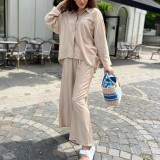 Plus Size Women loose long-sleeved shirt and wide-leg trousers two-piece set