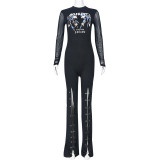 Women Patchwork Printed Mesh Pin Ripped Stretch Jumpsuit