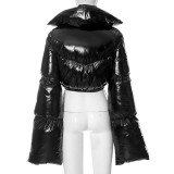 Women Autumn and Winter Glossy PU Leather High Collar Extra Long Sleeve Warm Thick Jacket