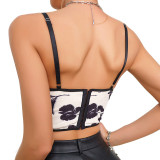 Women French Sexy V-neck Steel Ring Fishbone Corset Suede Flower Vest