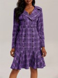 Plus Size Women Turndown Collar Double Breasted Plaid Print Career Dress