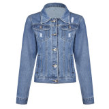 Women Ripped Long Sleeve Denim Jacket