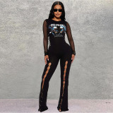 Women Patchwork Printed Mesh Pin Ripped Stretch Jumpsuit