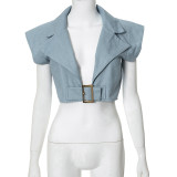 Women Autumn Solid Style Sleeveless Turndown Collar Jacket