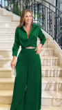 Women pleated long-sleeved shirt and high-waisted loose wide-leg pants Casual two-piece set