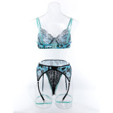 Women lace Patchwork printed sexy push-up contrasting color Three-Piece sexy lingerie
