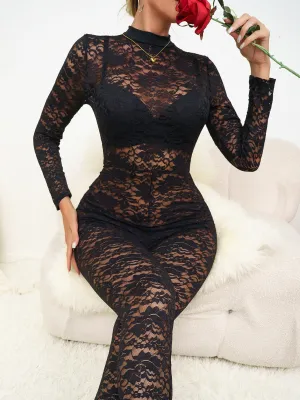 Women Summer Sexy Black Lace Jacquard Hollow See-Through Long Sleeve Jumpsuit