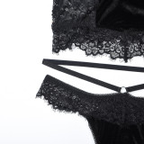 Velvet Lace Patchwork Lingerie Sexy Crossover Halter Neck Underwear Set