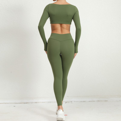 Winter Tight Fitting Square Neck Yoga Suit Outdoor Running Quick-Drying Sports Long Sleeve Fitness Two-Piece Pants Set