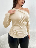 Plus Size Women's Autumn Winter Slash Shoulder Sexy Slim Solid Color Chic Long Sleeve T-Shirt Top
