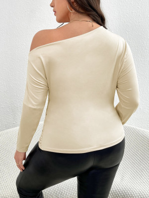 Plus Size Women's Autumn Winter Slash Shoulder Sexy Slim Solid Color Chic Long Sleeve T-Shirt Top