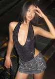 Autumn Sexy Tops Fashion Style Chic Slim Fit Sequin Halter Neck Bodysuit Women's Clothing