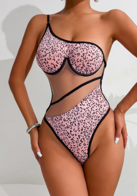 Women leopard print mesh patchwork See-Through Mesh body-shaping bodysuit sexy lingerie