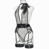 Women polka dot mesh v-neck tie Halter Neck one-piece Sexy Lingerie Set