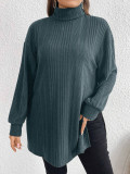 Plus Size Women High Neck Slit Knitting T-Shirt