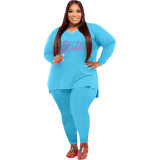 Plus Size Women Beaded Casual Solid Top and Pant Set