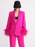 Women Neck Diamond Cuffs Patchwork Ostrich Feather Long Sleeve Blazer