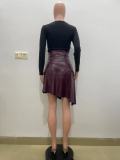 Women Autumn and Winter High Waisted Irregular PU-leather Skirt